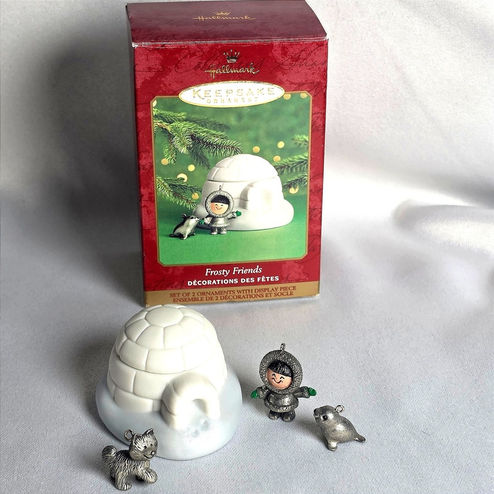 Hallmark Frosty Friends 2000 Miniature Ornament Set Igloo Pewter Husky QX8524